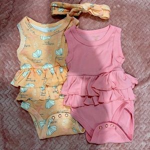 3 Piece Set! 2 ruffled rompers and a headband. Size 6-9 months.